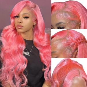 ELISHEVA Pink Lace Front Wig Human Hair Pre Plucked 26 Inch 13x4 Pink Wig Human Hair Body Wave HD Lace Front Wigs Human Hair Colored Human Hair Wigs 200% Density Glueless Colored Frontal Wigs