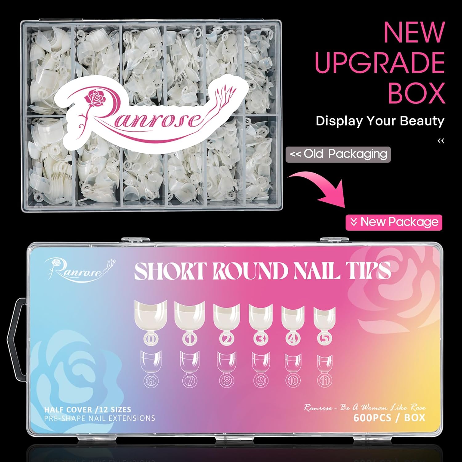 Ranrose 600pcs Short Oval Half Cover Nail Tips for DIY Salon, 12 Sizes Included - Image 2