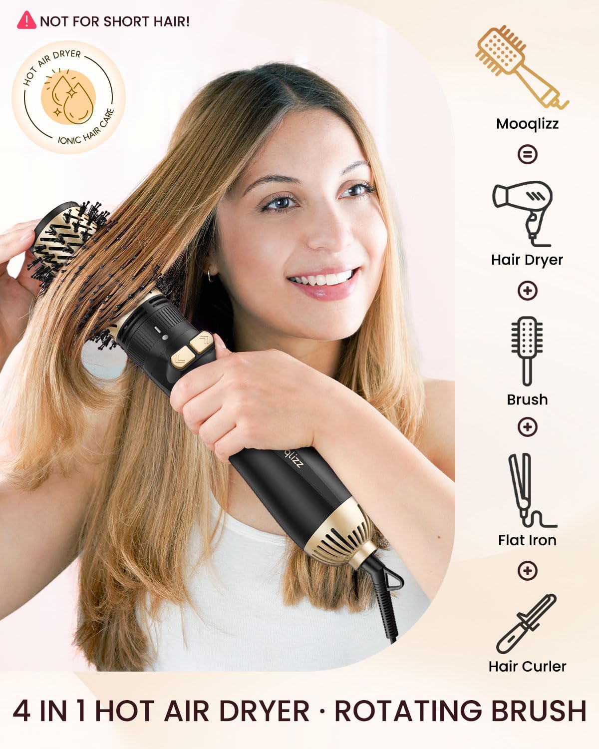 3-in-1 Rotating Hair Dryer Brush Set Gold Black 2 Brush Heads Concentrator Attachment - Image 2