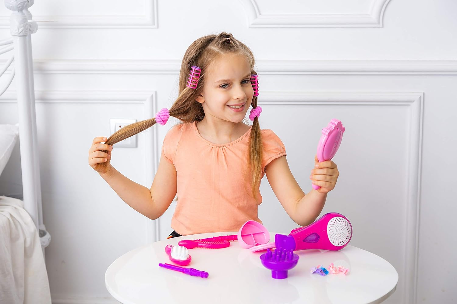 JOYIN 17-Piece Pretend Play Beauty Salon Playset for Girls with Toy Hairdryer, Mirror, Curling Iron, and Accessories - Image 9