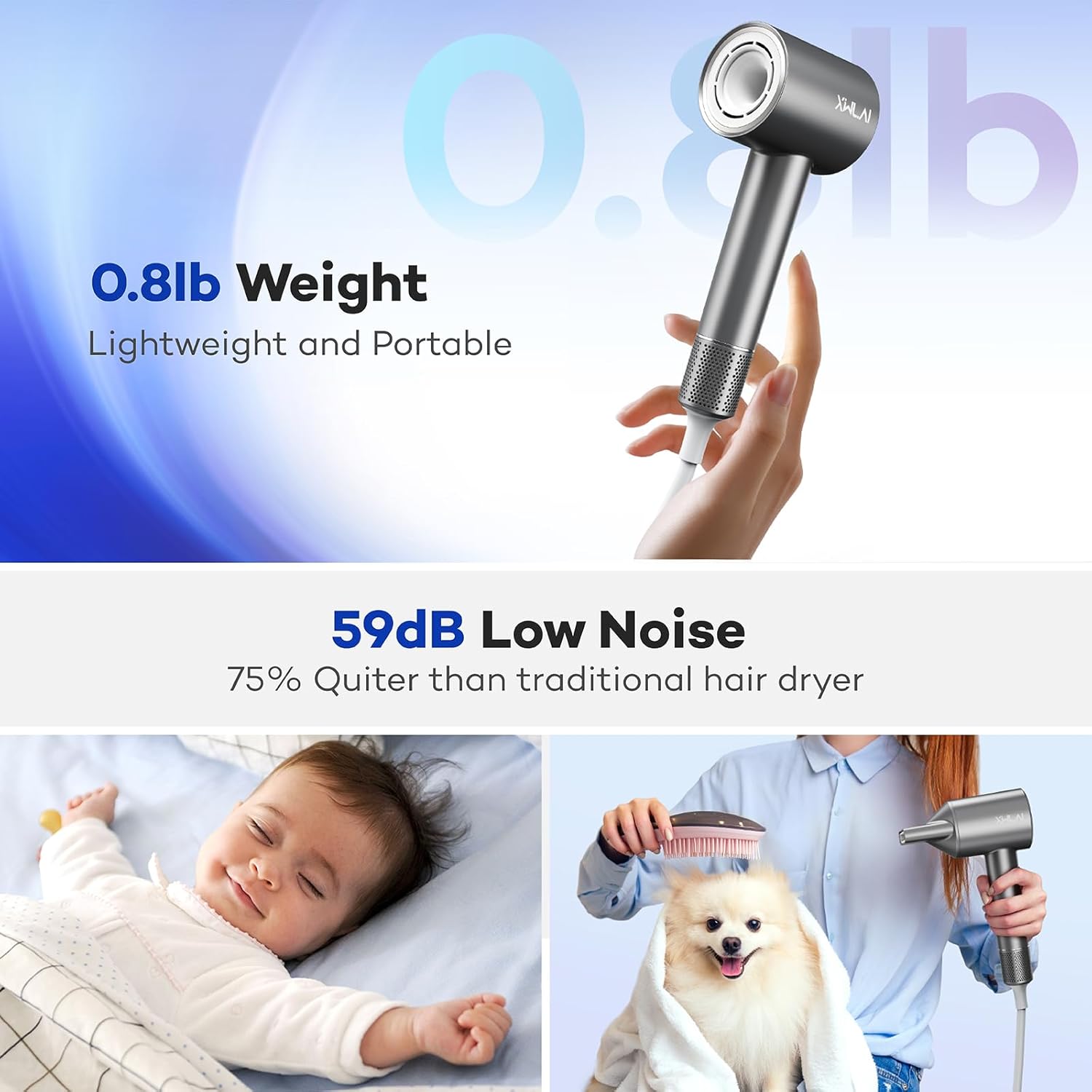 Gray Brushless Motor High-Speed Hair Dryer with Negative Ionic Technology, Low Noise Operation - Image 6