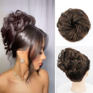 Messy Bun Hair Piece100% Human Hair Layered Wavy Curly Buns Hairpiece for Women Thick Tousled Updo Hairpiece for Daily Wear Real Ponytail Extension (Dark Brown)