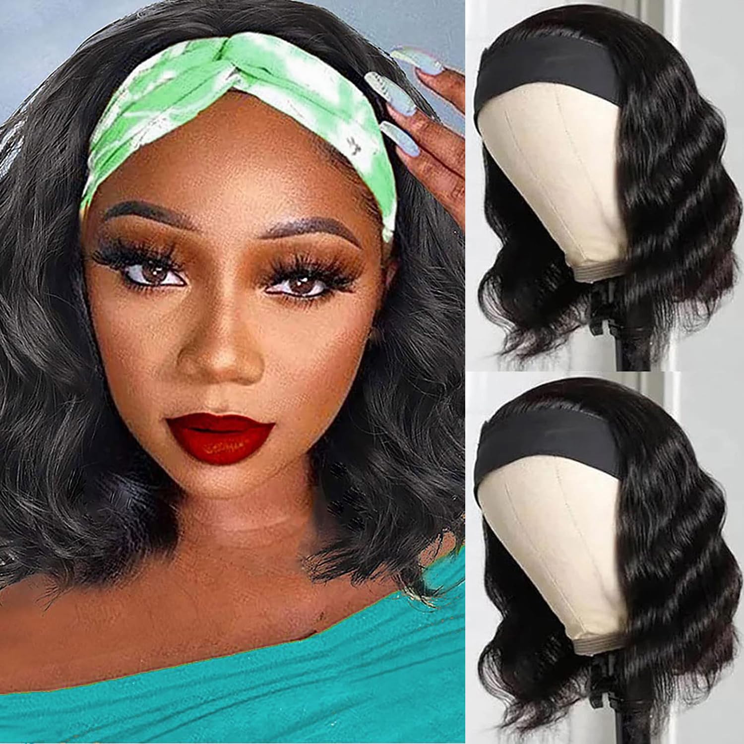 JCL Headband Wig Human Hair Body Wave Headband Wigs Human Hair Wig Glueless Wigs Natural Color Curly Wigs for Black Women 12 Inch None Lace Front Wigs