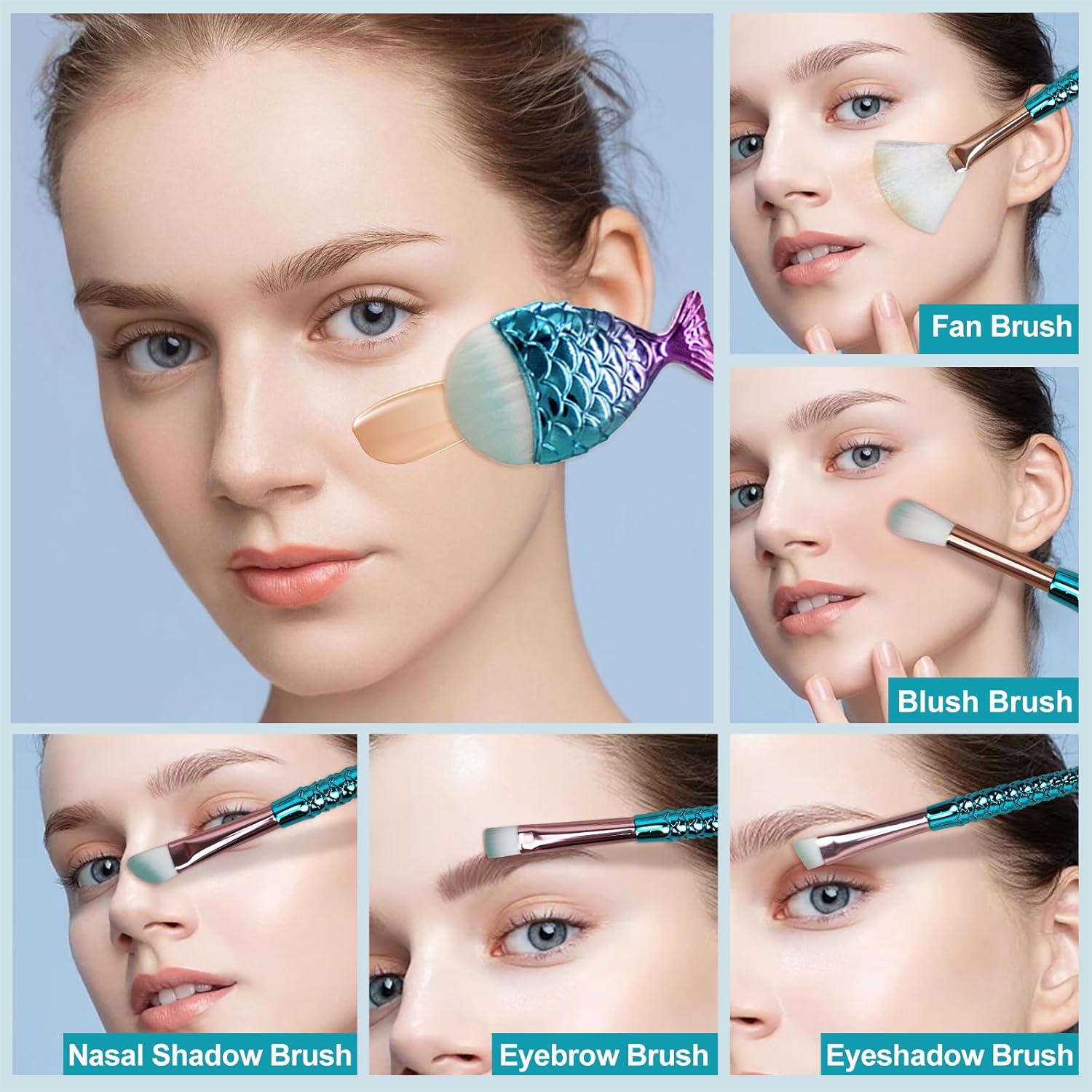 12 Piece Mermaid Makeup Brush Set with Hair Clip for Kids Girls - Image 2