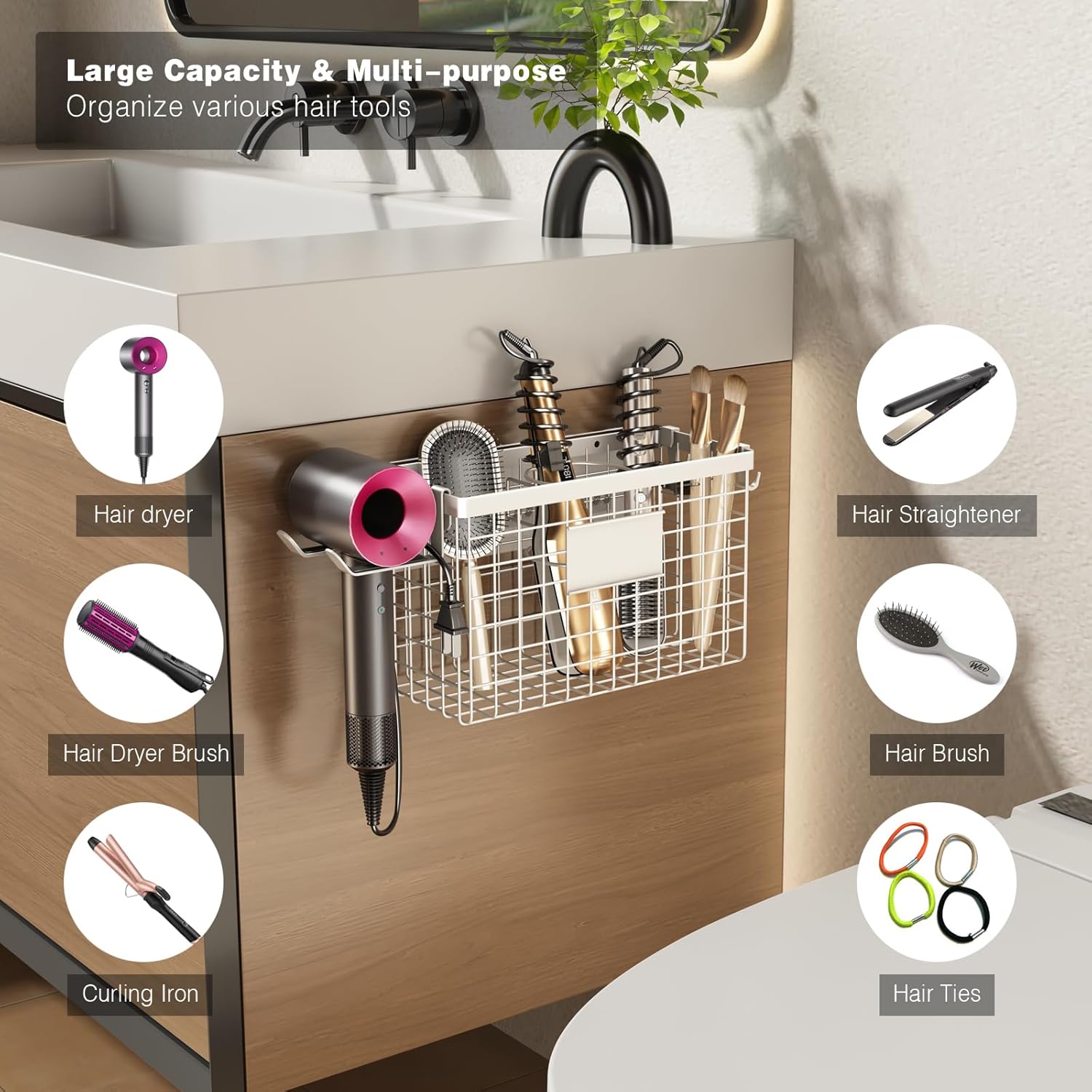 Voldra Adjustable Height Hair Dryer Holder Cabinet Door Organizer for Curling Iron and Brushes, White - Image 2