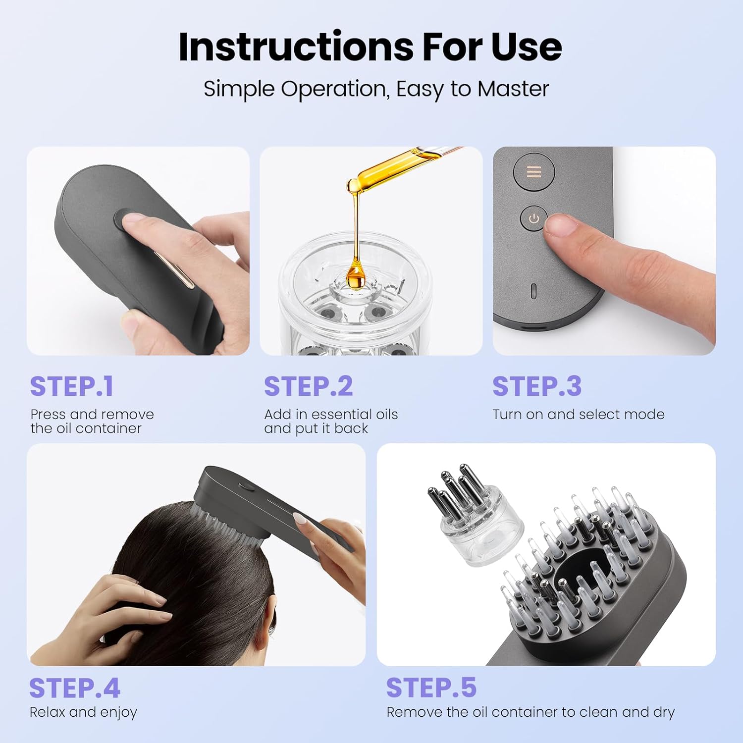 UNIWA Cordless Electric Grey 3-in-1 Scalp Massager, Hair Growth Brush, and Oil Applicator - Image 4