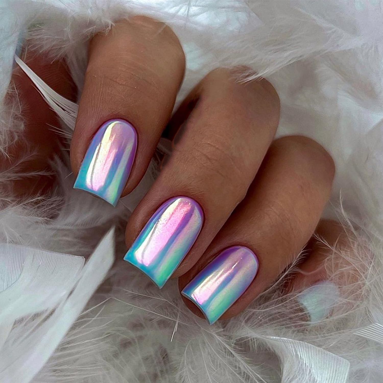 Square Press on Nails Medium Length Chrome Fake Nails Blue Purple Design Glossy French Artificial Nails Full Cover Acrylic Glue on Nails Mirror Gradient False Nails for Women Daily Decor 24pcs