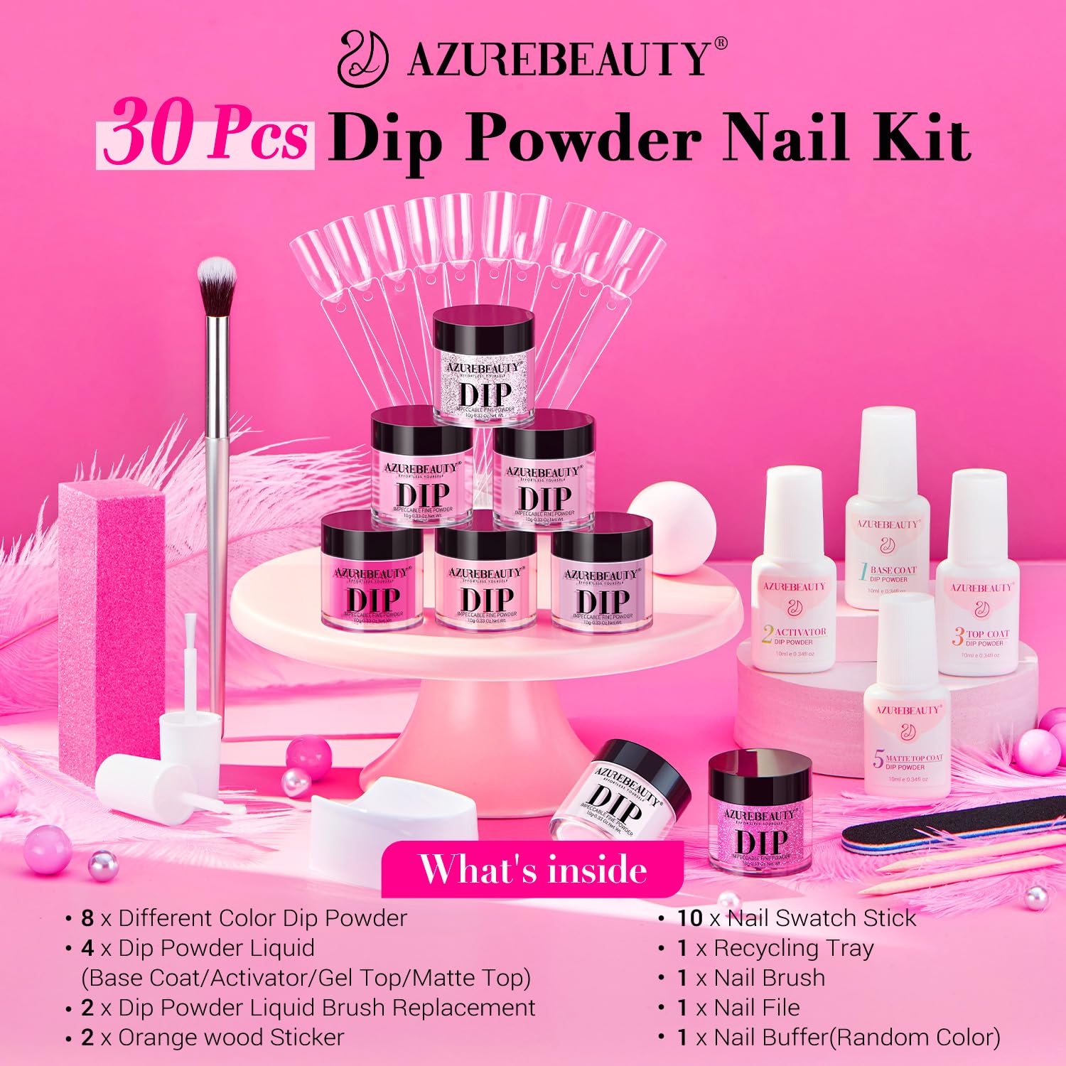 Azurebeauty 8 Hot Pink Glitter Colors Dip Powder Nail Starter Kit Matte Top Coat - Image 7