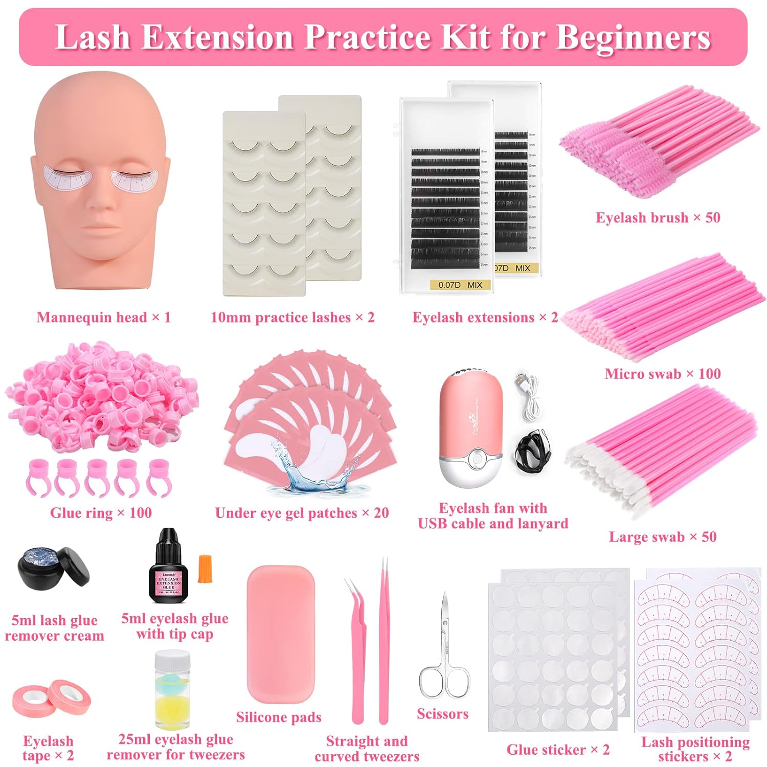 Beginner Lash Extension Kit with Mannequin Head, Individual Lashes, Glue, and Tweezers - 20 Piece Set - Image 3
