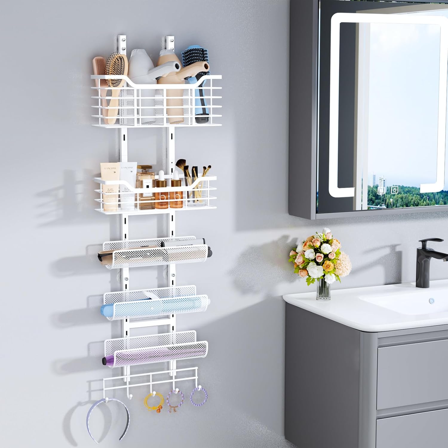 Consmest 6-Tier White Hair Tool Organizer with Hooks for Blow Dryer and Curling Iron - Image 4