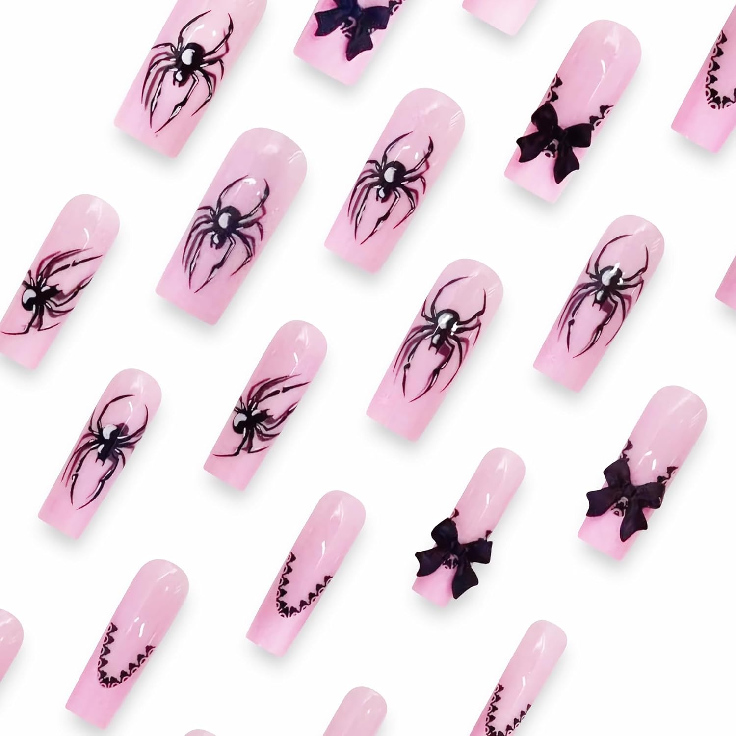 BABALAL 24Pcs Long Square Press on Nails with Black Spider Goth Design and Bow Charm - Image 3
