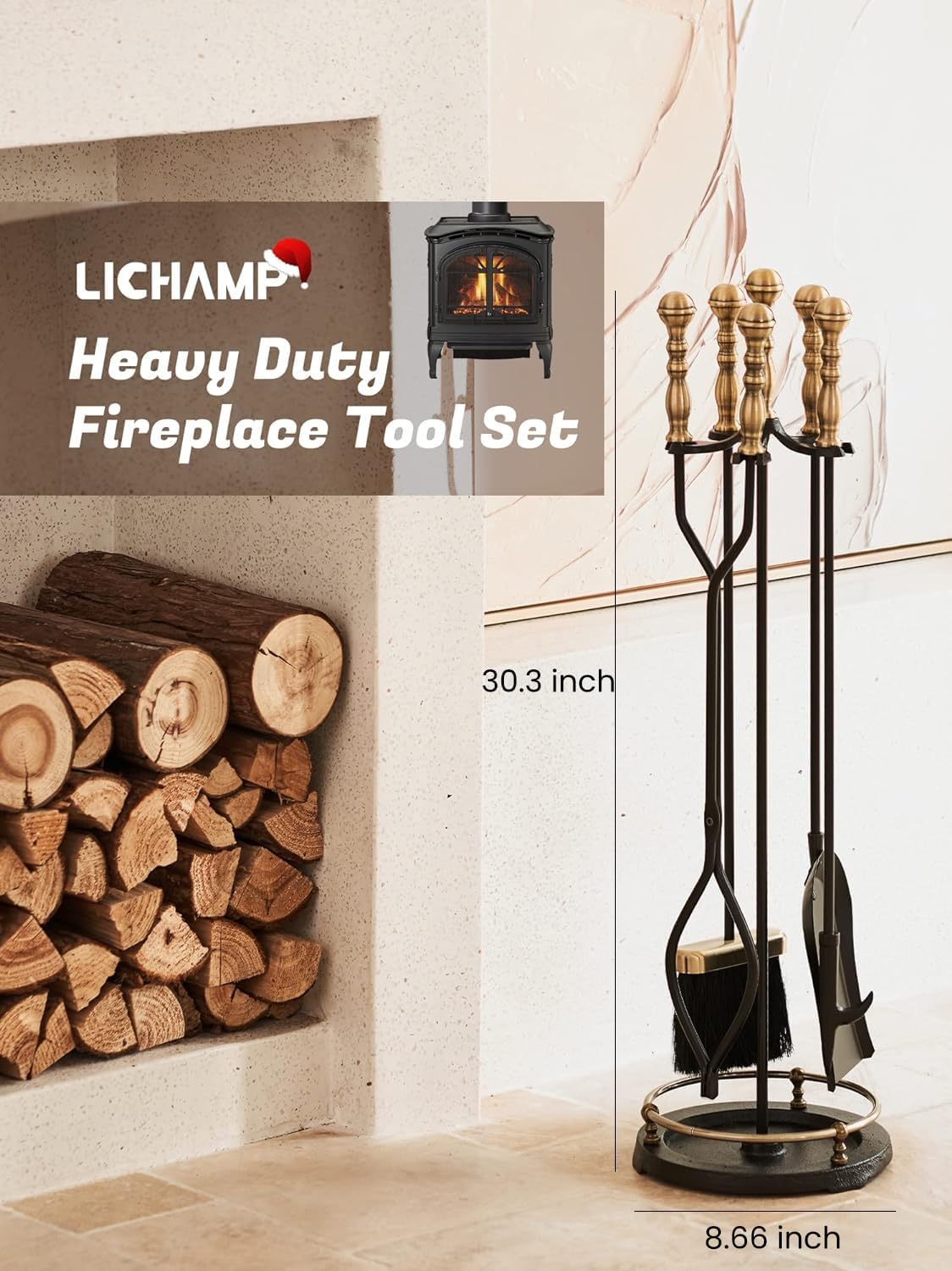 Lichamp 5-Piece Retro Gold Handle Fireplace Tools Set Indoor Outdoor - Image 2