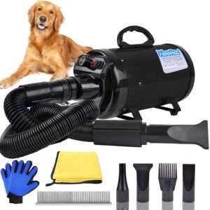 Dog Dryer, 4.5HP All-in-one Pet Grooming Dryer with Adjustable Speed and Temperature Control Dog Blow Dryer, Dog Hair Dryer with 4 Nozzle, Comb, Towel & Glove (Black)
