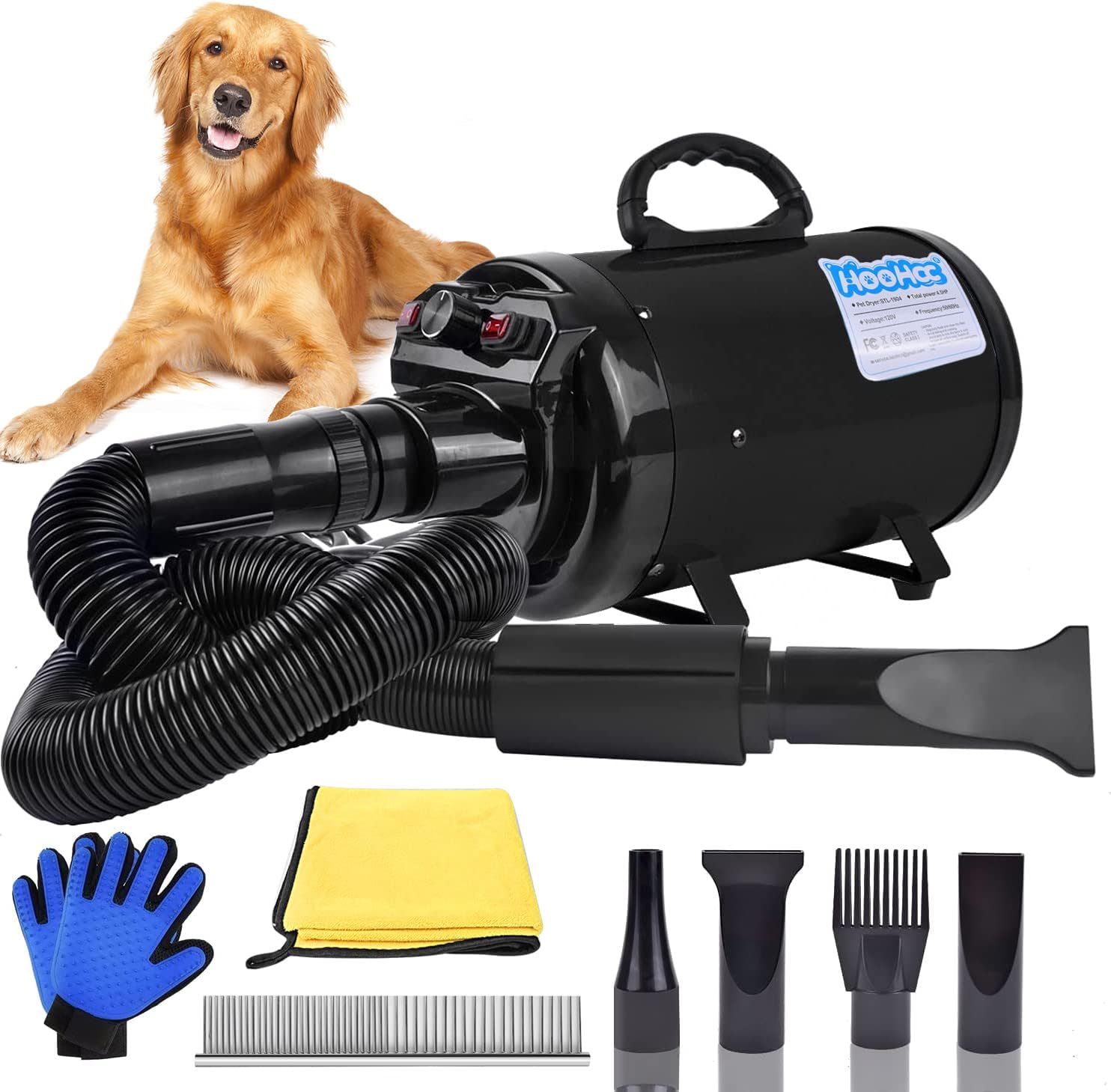 Dog Dryer, 4.5HP All-in-one Pet Grooming Dryer with Adjustable Speed and Temperature Control Dog Blow Dryer, Dog Hair Dryer with 4 Nozzle, Comb, Towel & Glove (Black)