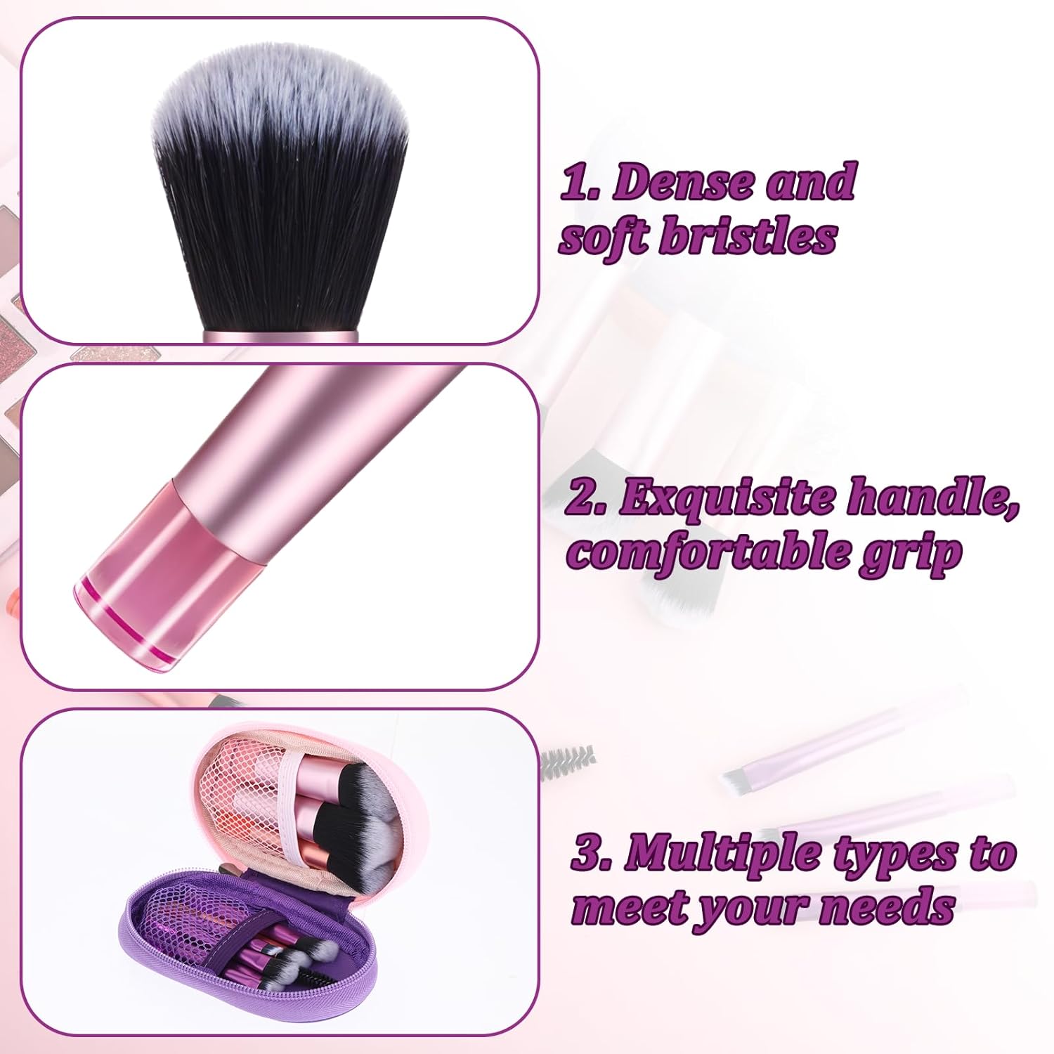 10 Piece Portable Travel Makeup Brush Set with Mini Brushes for Eyeshadow, Foundation, Blush - Image 3