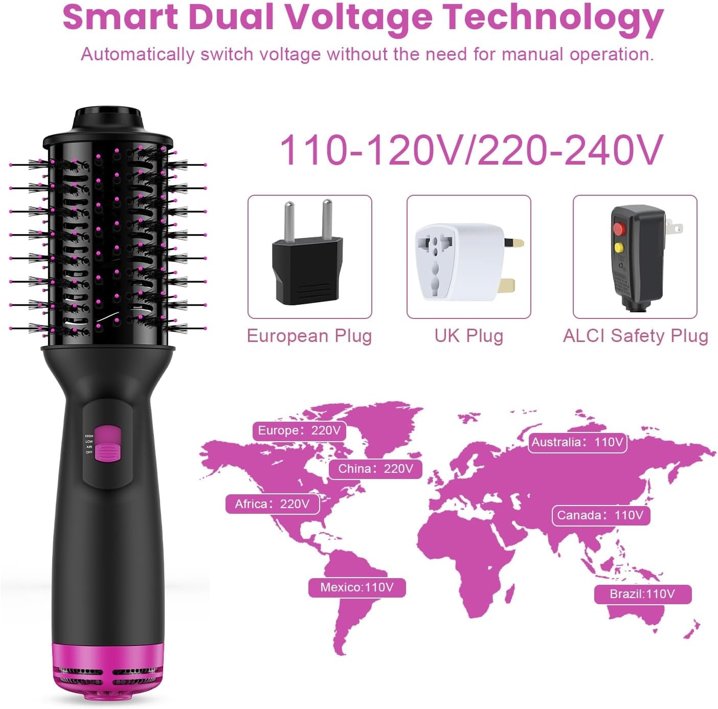 Dual Voltage Mini Hair Dryer Brush 120V-240V Anti-frizz Volumizer with UK/EU Plug - Image 3