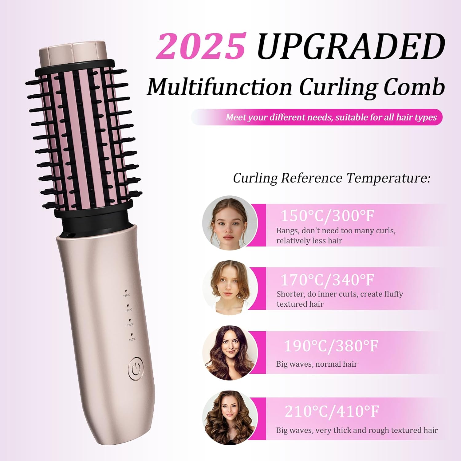 Portable Mini 3-in-1 Cordless Hair Curling Iron Brush with 7000mAh Battery, Blush Pink - Image 3