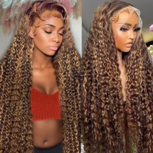 30 Inch Ombre Deep Wave Lace Front Wigs Human Hair Pre Plucked Highlight Honey Blonde Deep Curly Wig Human Hair 200% Density 4/27 Colored Glueless HD Lace Frontal Wigs for Women