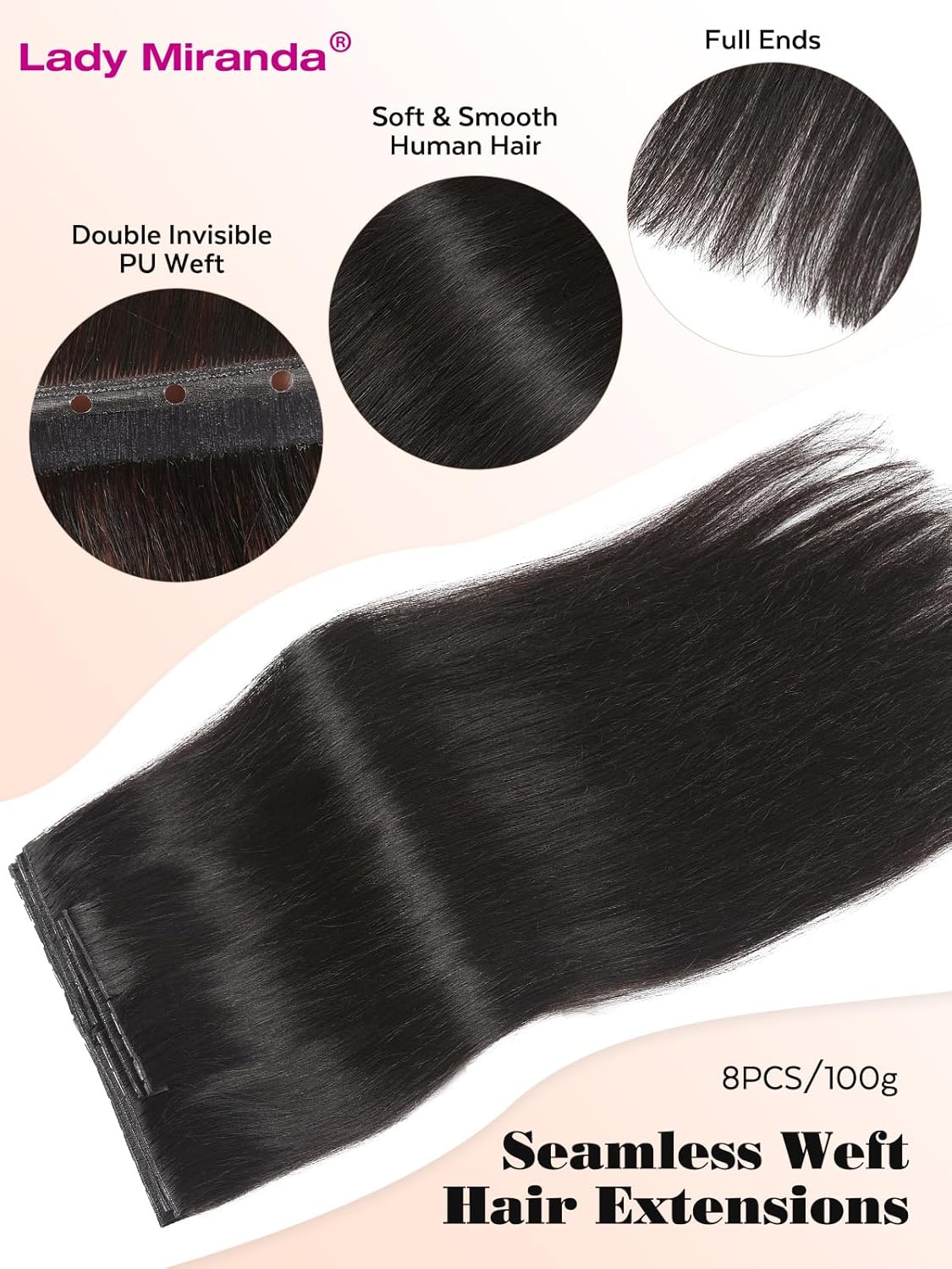 Lady Miranda 18 Inch 100G Black Double Sided Invisible Weft Real Human Hair Extensions - Image 5