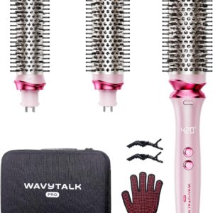 Wavytalk Heatwave Pro Ionic Thermal Brush Set, Dual Voltage 3-Size Heated Round Brush for Short to Long Hair, Bilateral Negative Ions for Frizz-Free Shiny Blowout, Pink