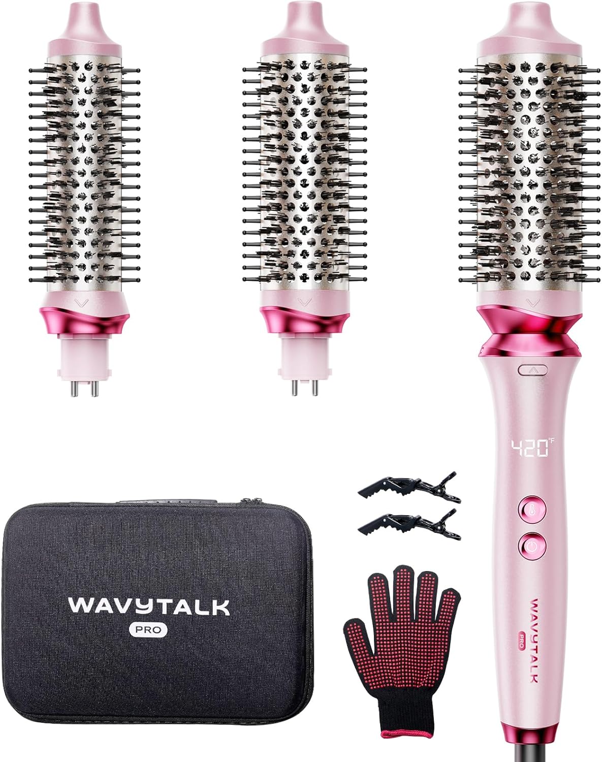 Wavytalk Heatwave Pro Ionic Thermal Brush Set, Dual Voltage 3-Size Heated Round Brush for Short to Long Hair, Bilateral Negative Ions for Frizz-Free Shiny Blowout, Pink