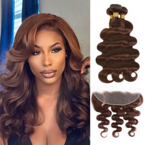 ALHER Chocolate Brown Body Wave Human Hair 3 Bundles with 13x4 Frontal, 12A Color #4 Dark Brown Bundles with Ear to Ear Lace Frontal Closure, 100% Virgin Remy Hair 12 14 16+12 IN