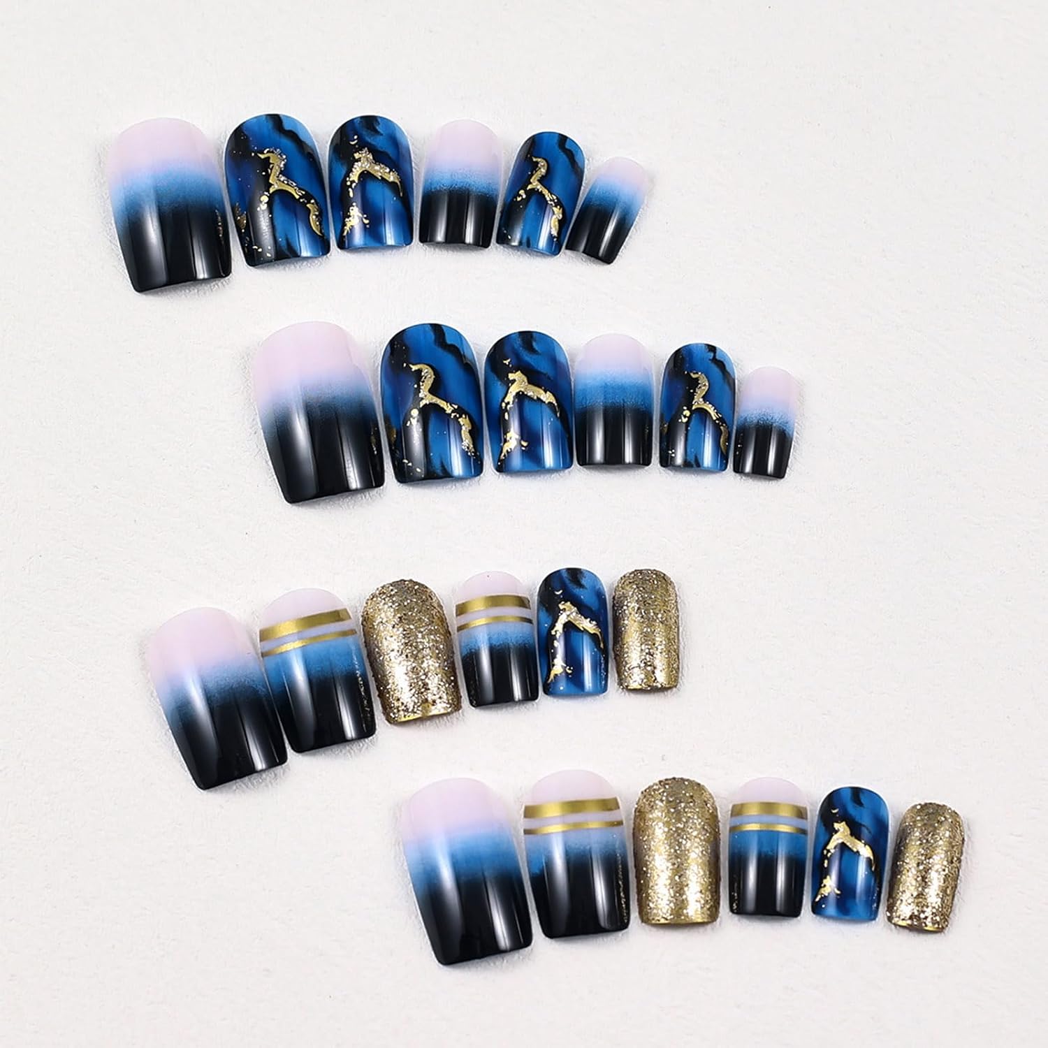 24 Pcs Medium Square Dark Blue Gradient Press on Nails with Gold Glitter Curve Line - Image 2