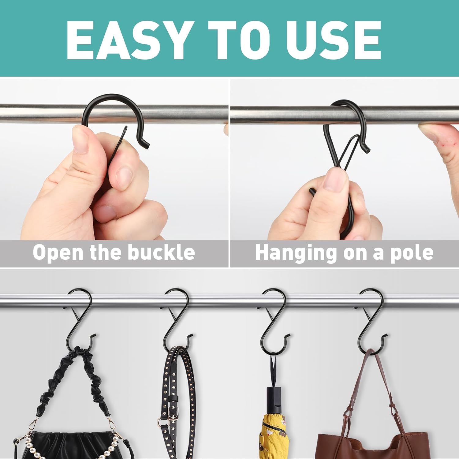 Navona 12 Piece Heavy Duty 3.5 Inch Metal S Hooks with Safety Buckle for Hanging - Image 4