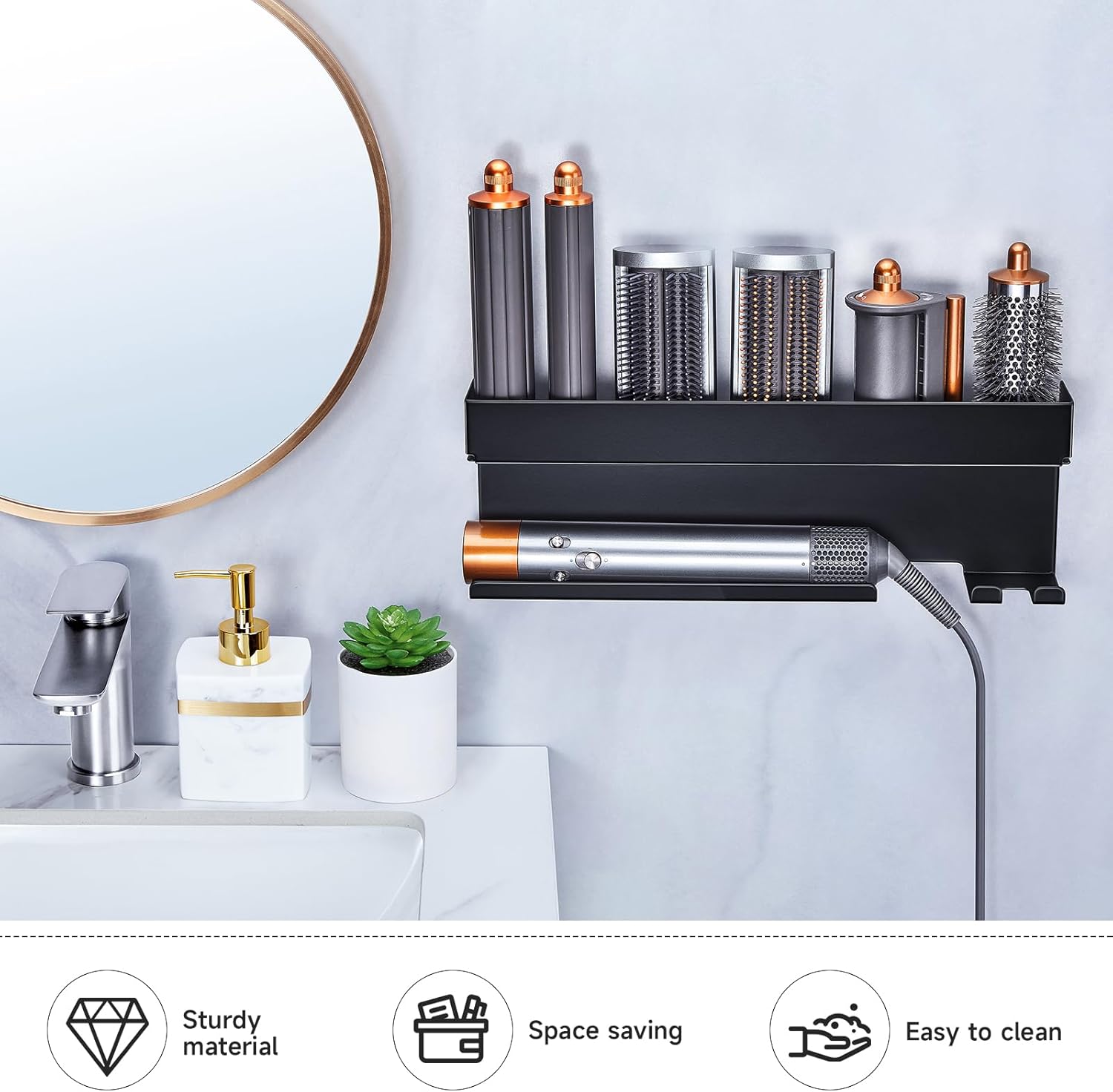 Black Wall-Mounted Hair Tool Organizer for Curling Iron and Hair Dryer Accessories - Image 6