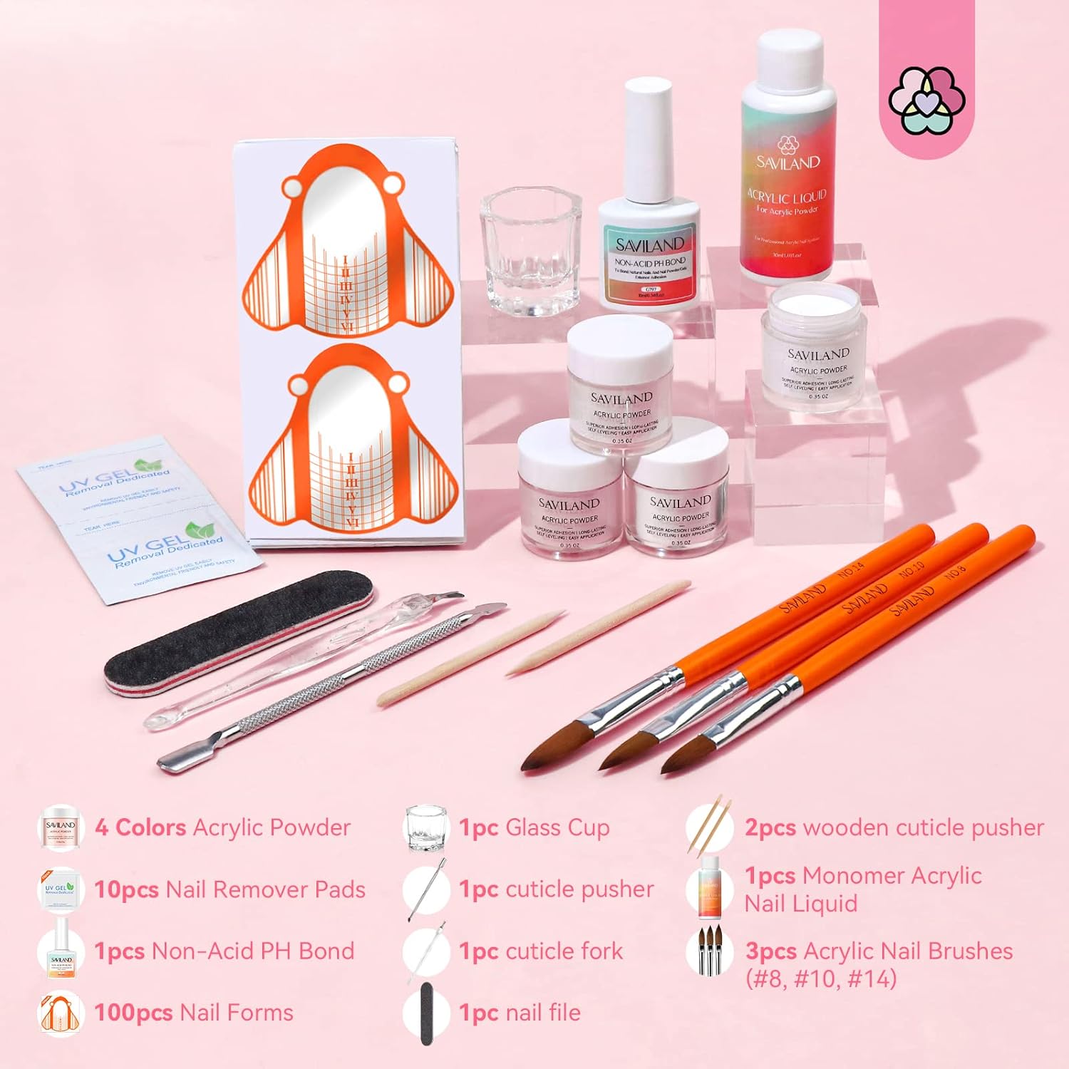SAVILAND 12-Piece Beginner Acrylic Nail Kit with Nude, Pink, Clear, White Powders and 10ml Primer - Image 2