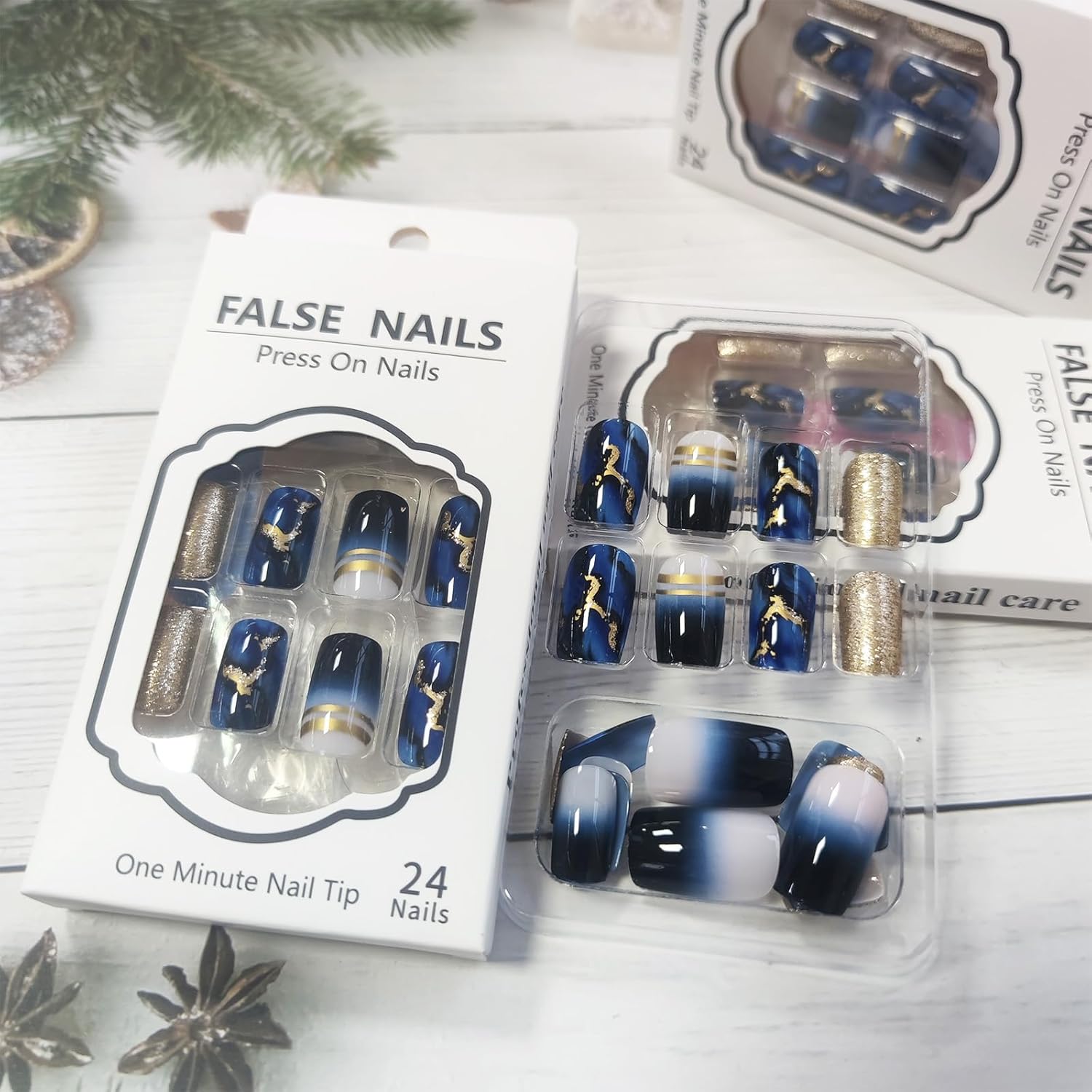 24 Pcs Medium Square Dark Blue Gradient Press on Nails with Gold Glitter Curve Line - Image 3