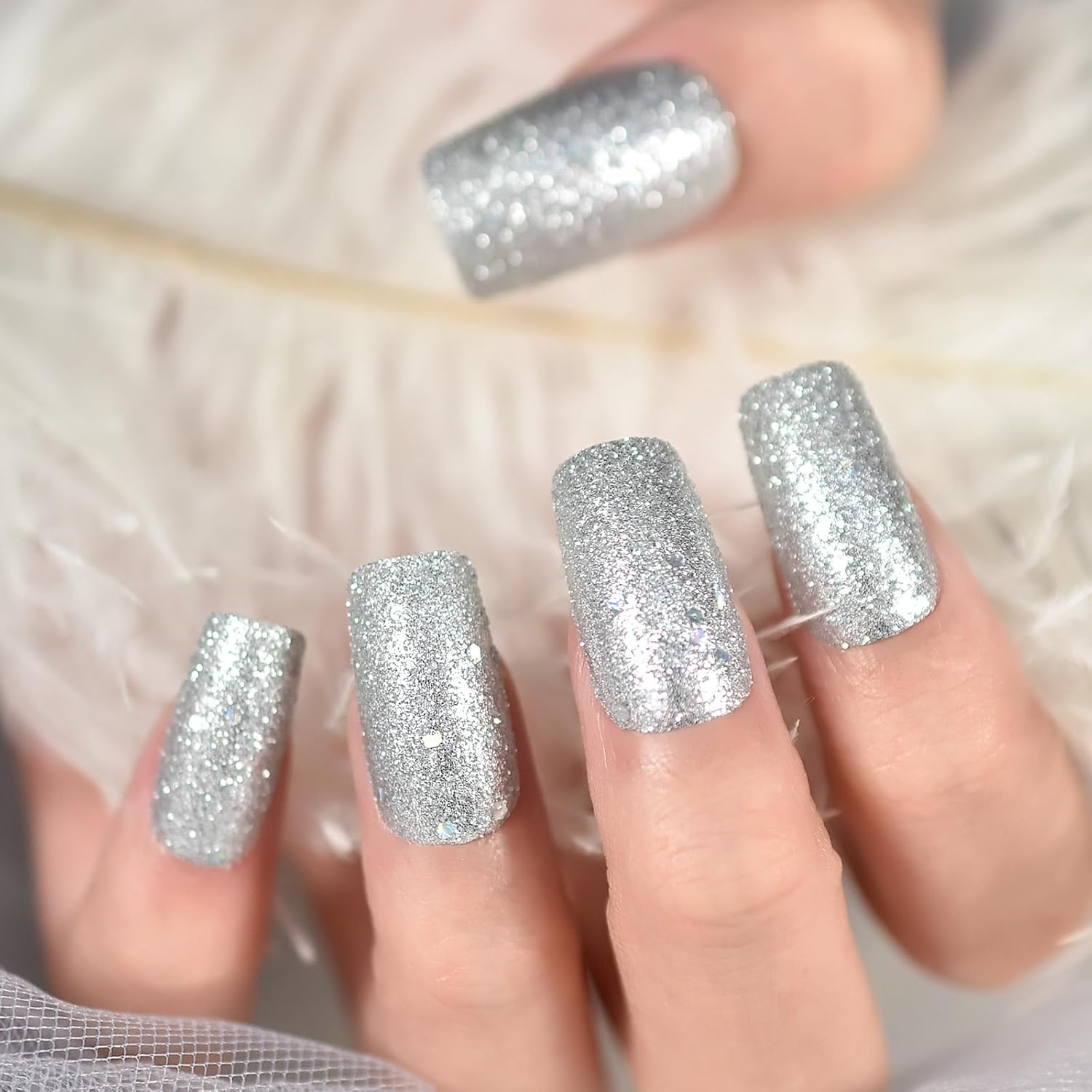Medium Long Square Reusable Glitter Press-On Nails with Adhesive Tabs and File - Image 6