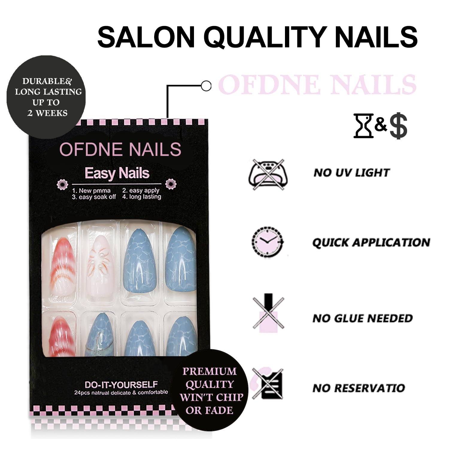 Handmade Medium Almond Nails 24 Pcs Ocean Design 3D Starfish Pearls - Image 2