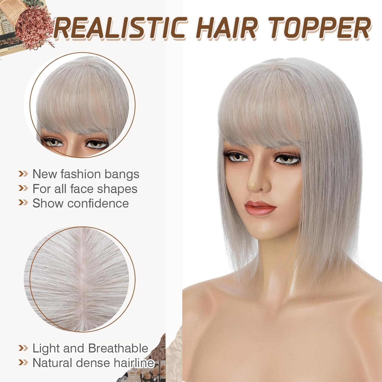 12 Inch Grey Real Human Hair Topper with Bangs for Thinning Hair - Image 4