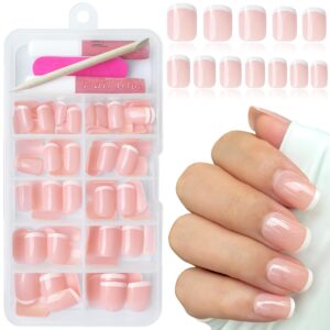 120Pcs White French Tip Press on Nails Short Square Fake Nails, Full Cover Glossy Pink False Nails Acrylic Glue on Nails Cute Artificial Fingernails for Women Girls