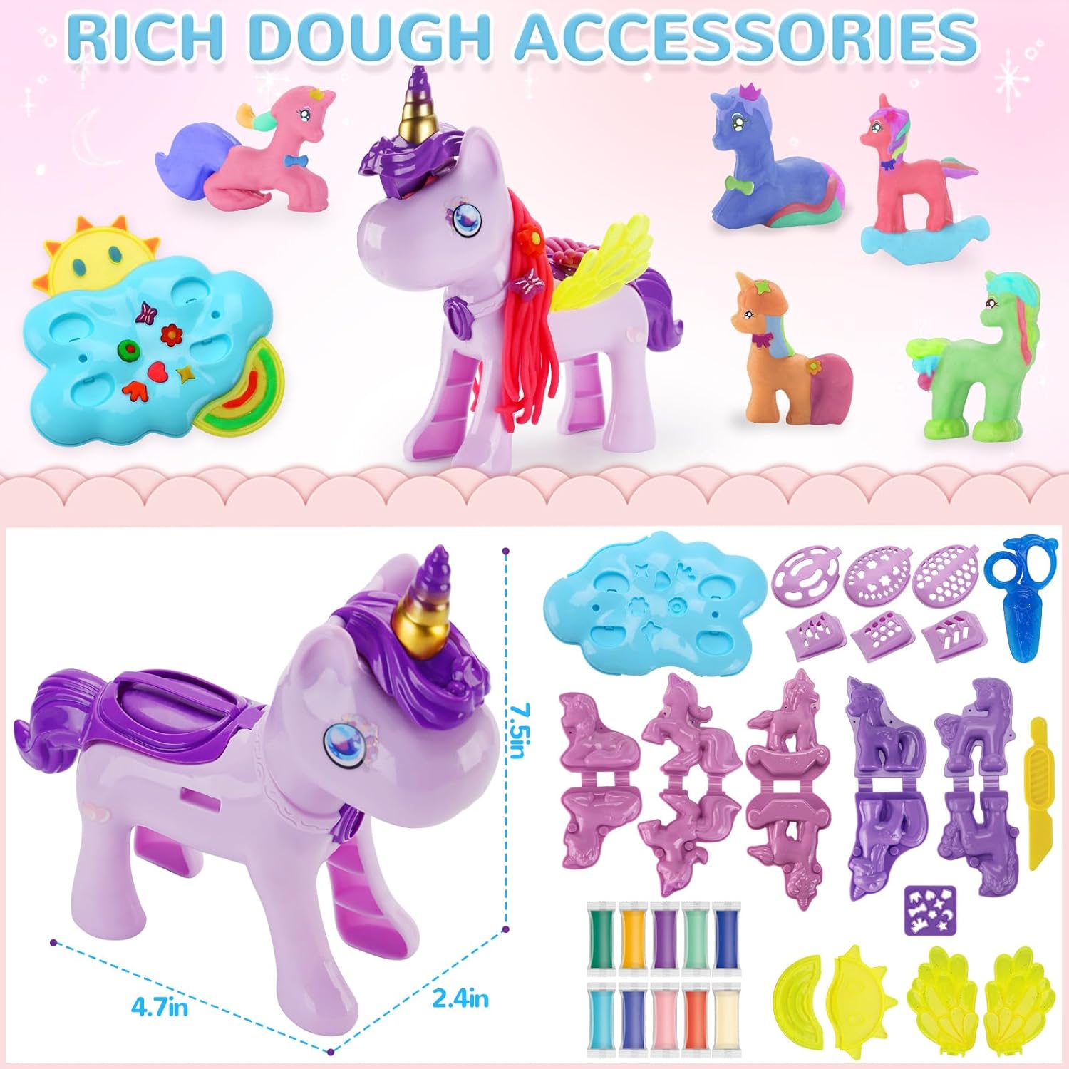 Unicorn Color Dough Set for Kids Ages 3-5, 30 Piece Play Dough Tool Kit - Image 2