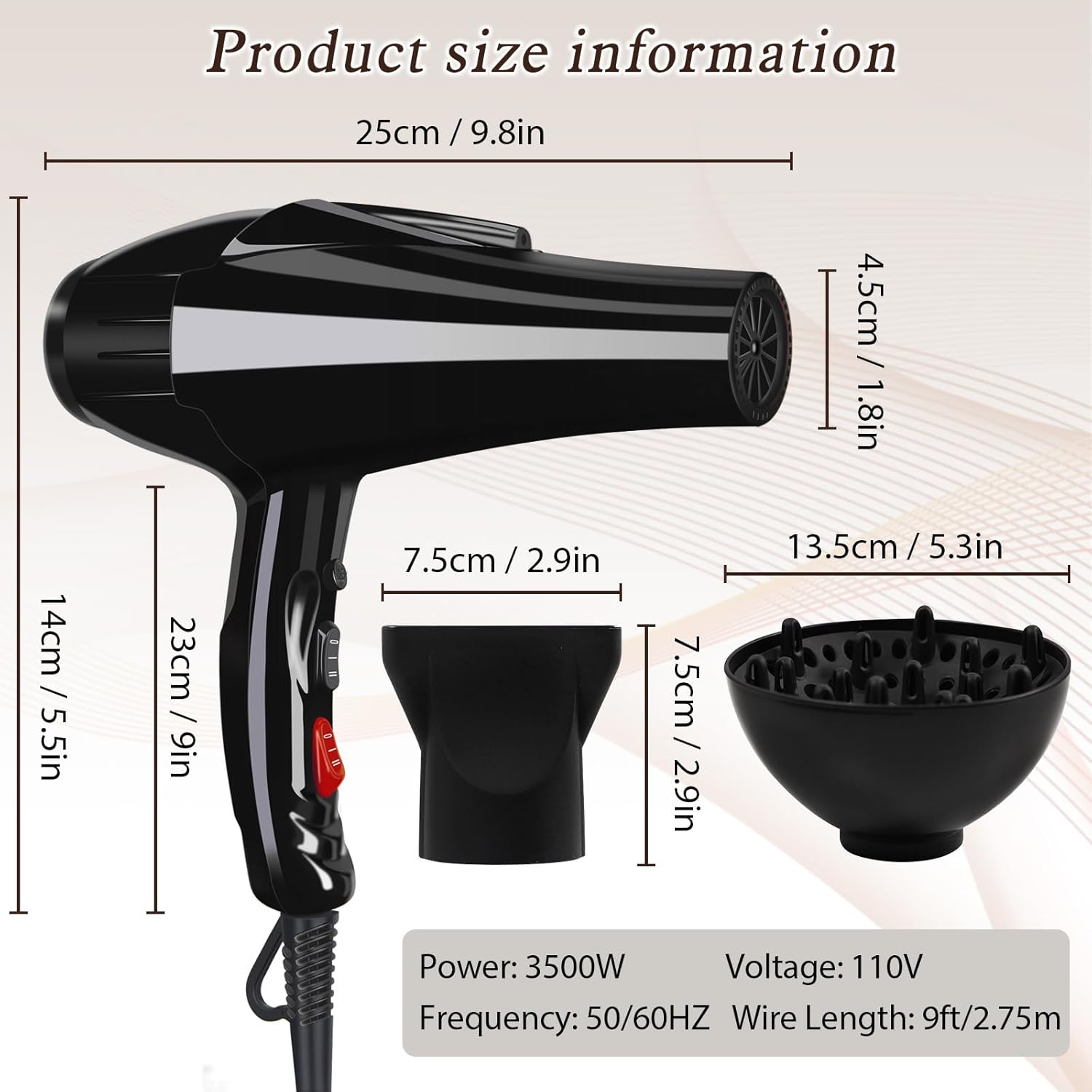 Professional 3500W Ceramic Tourmaline Ionic AC Motor Hair Dryer with Attachments - Image 3