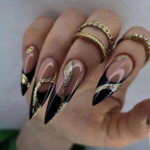 BABALAL French Tip Press on Nails Medium Almond Fake Nail Black and Gold Glue on Nails Glitter Swirl Shiny Acrylic Nails 24Pcs Stiletto Manicure Artificial Goth False Nails for Women and Girls