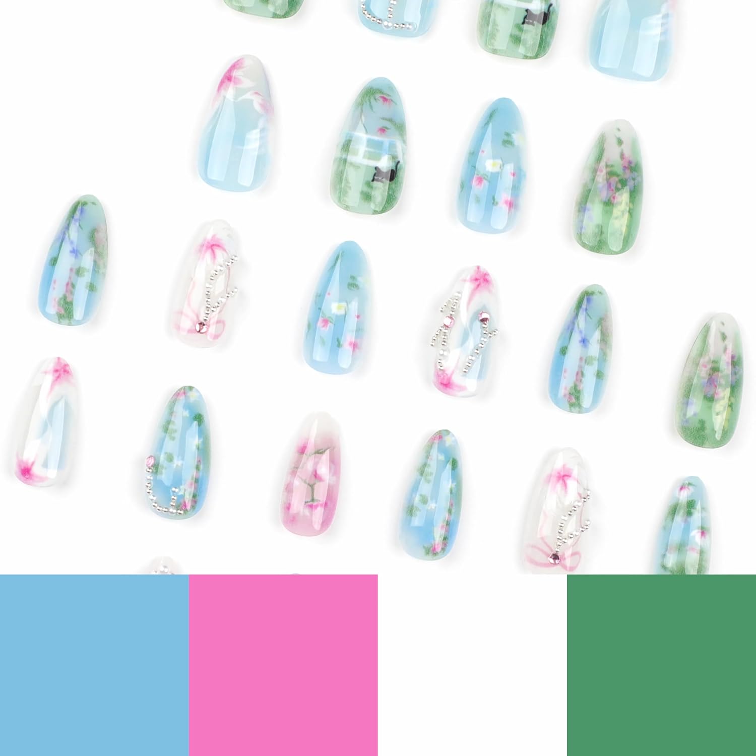BABALAL Medium Blue Green Almond Stiletto Acrylic Press On Nails 24Pcs Bow Design - Image 3