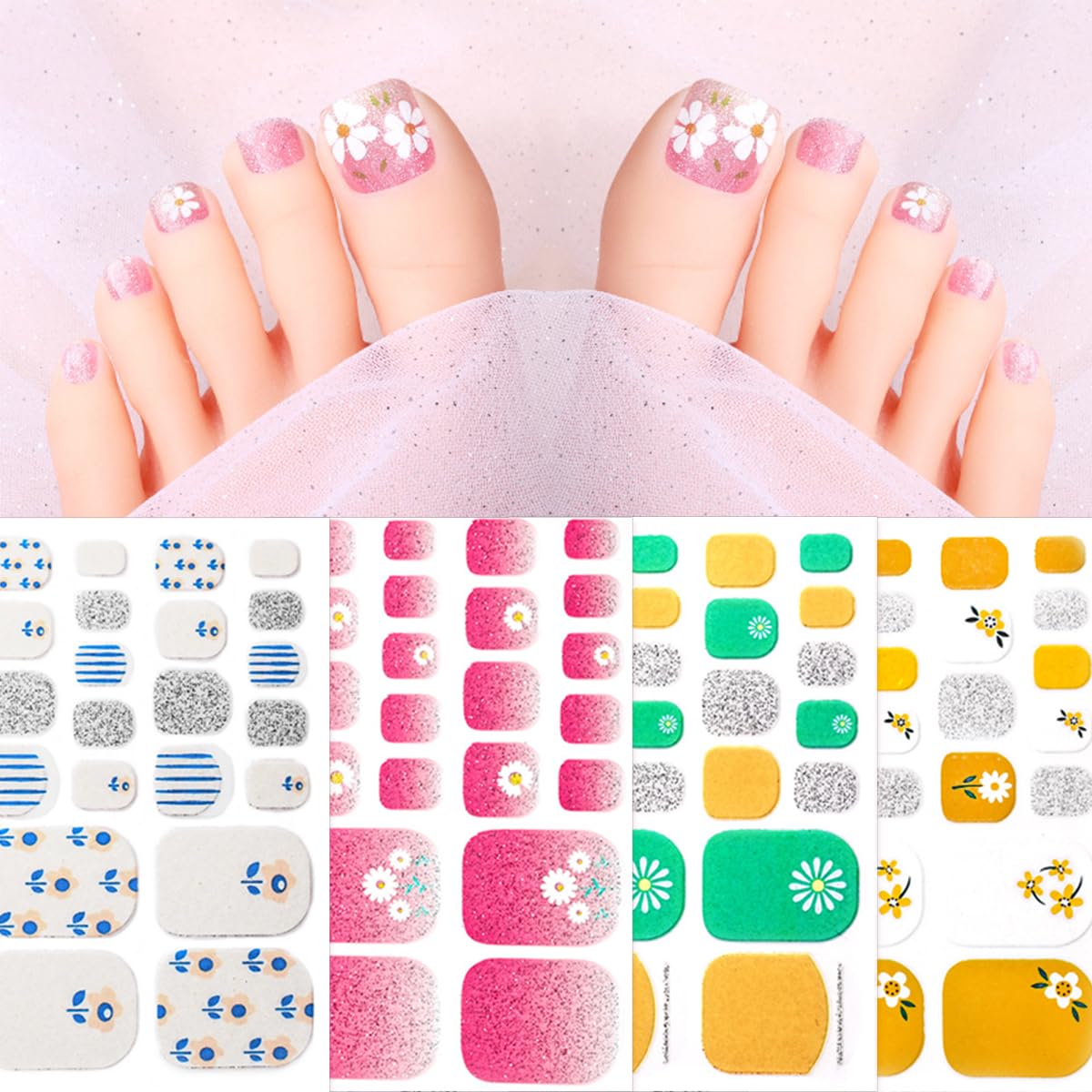 8 Sheet Floral Gel Toe Nail Stickers, Self-Adhesive Glitter Daisy Designs, Women's Manicure - Image 2