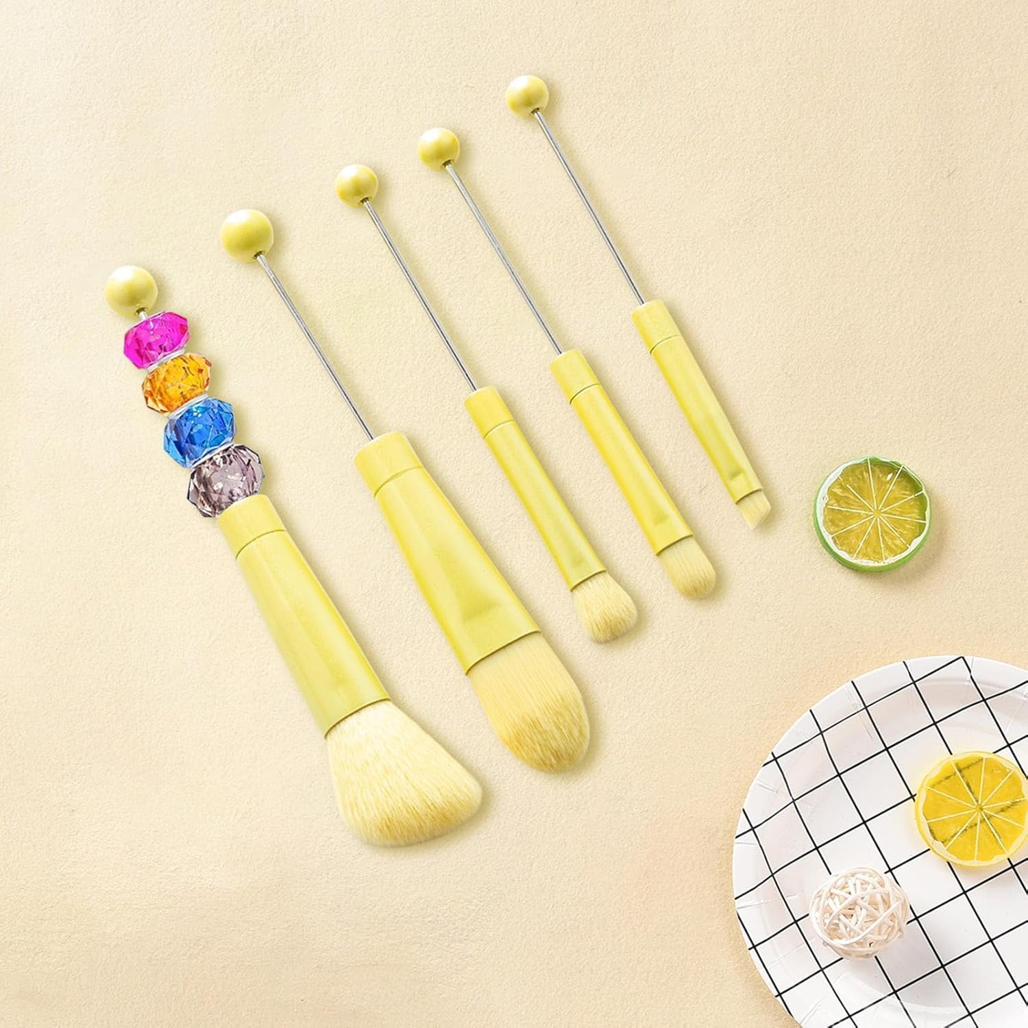 5pc Yellow Beadable Makeup Brush Set with Free Powder Puff, Soft Synthetic Fibers - Image 5