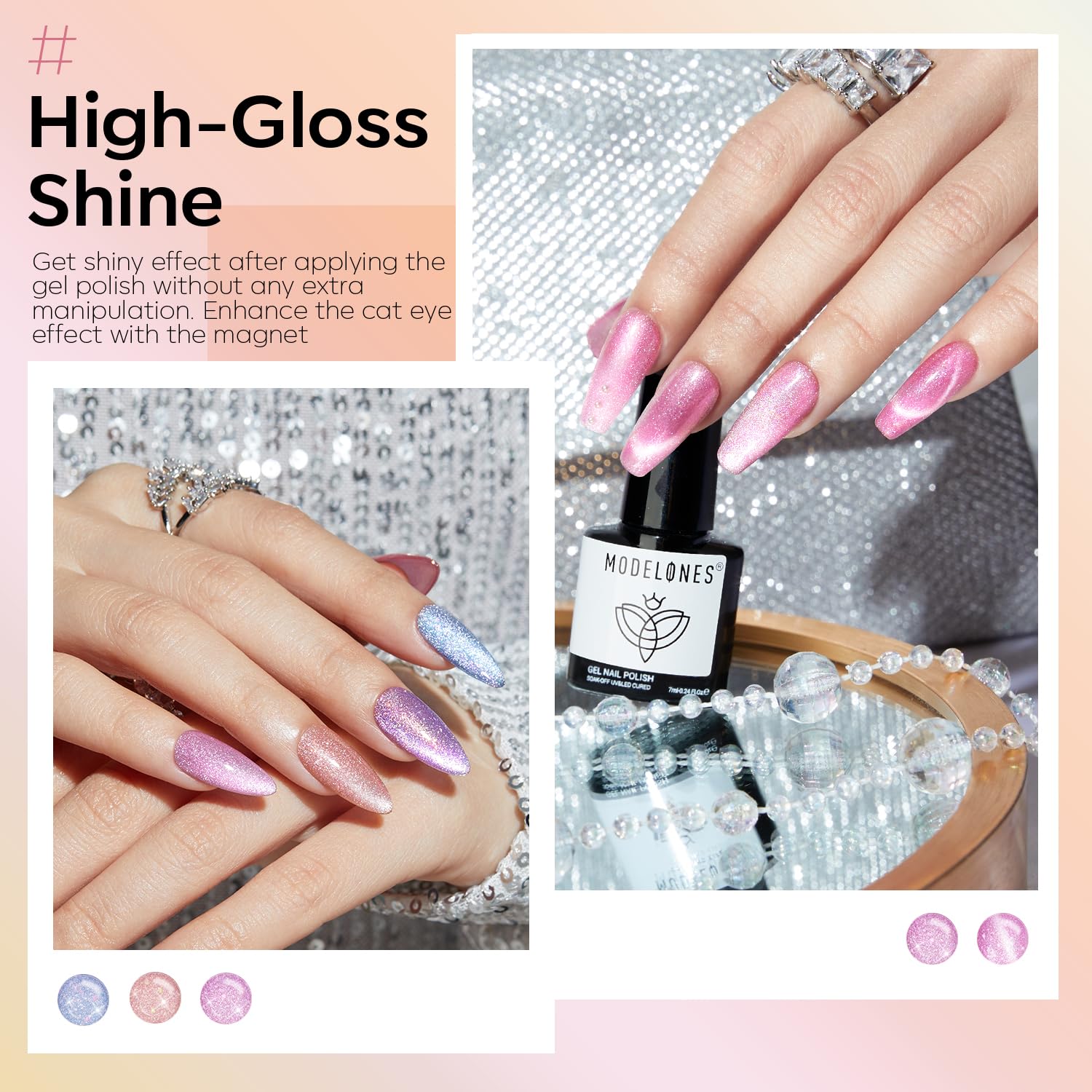 Modelones 6-Color Holographic Glitter Cat Eye Gel Nail Polish Kit for DIY Nail Art - Image 4
