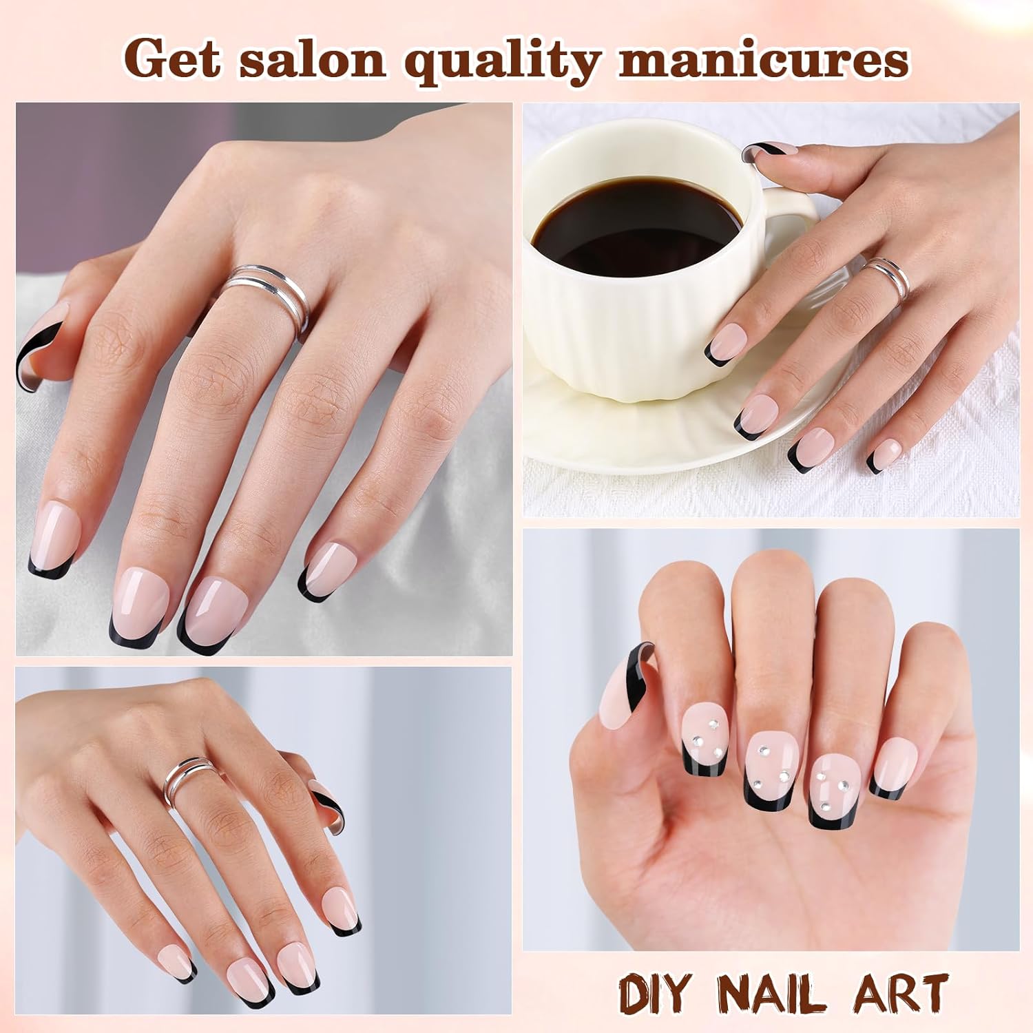 150pc Short Square Soft Black French Tip Press On Nails 15 Sizes for DIY - Image 2