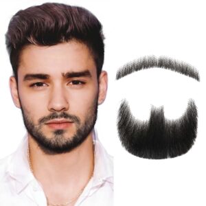 Gx Beauty Fake Mustache Realistic Beard Goatee Beard, 100% Human Hair Full Hand Tied Fake Goatee, False Beards Lace Invisible Facial Hair for Halloween Dressing Men Makeup Entertainment (Black)