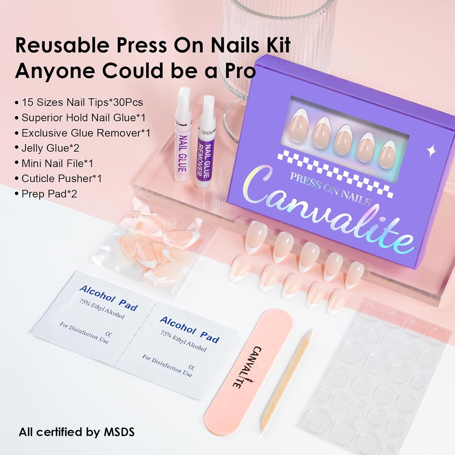 Canvalite 30Pcs Short Almond French Tip Press On Nails with Glue and Remover, White - Image 4
