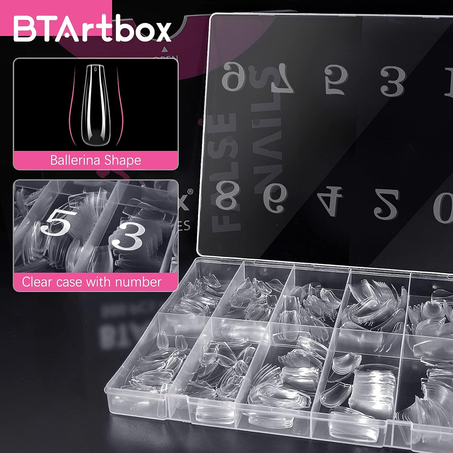 BTArtbox 500pc Clear Acrylic Coffin Shaped Full Cover Fake Nails Tips with Case - Image 2