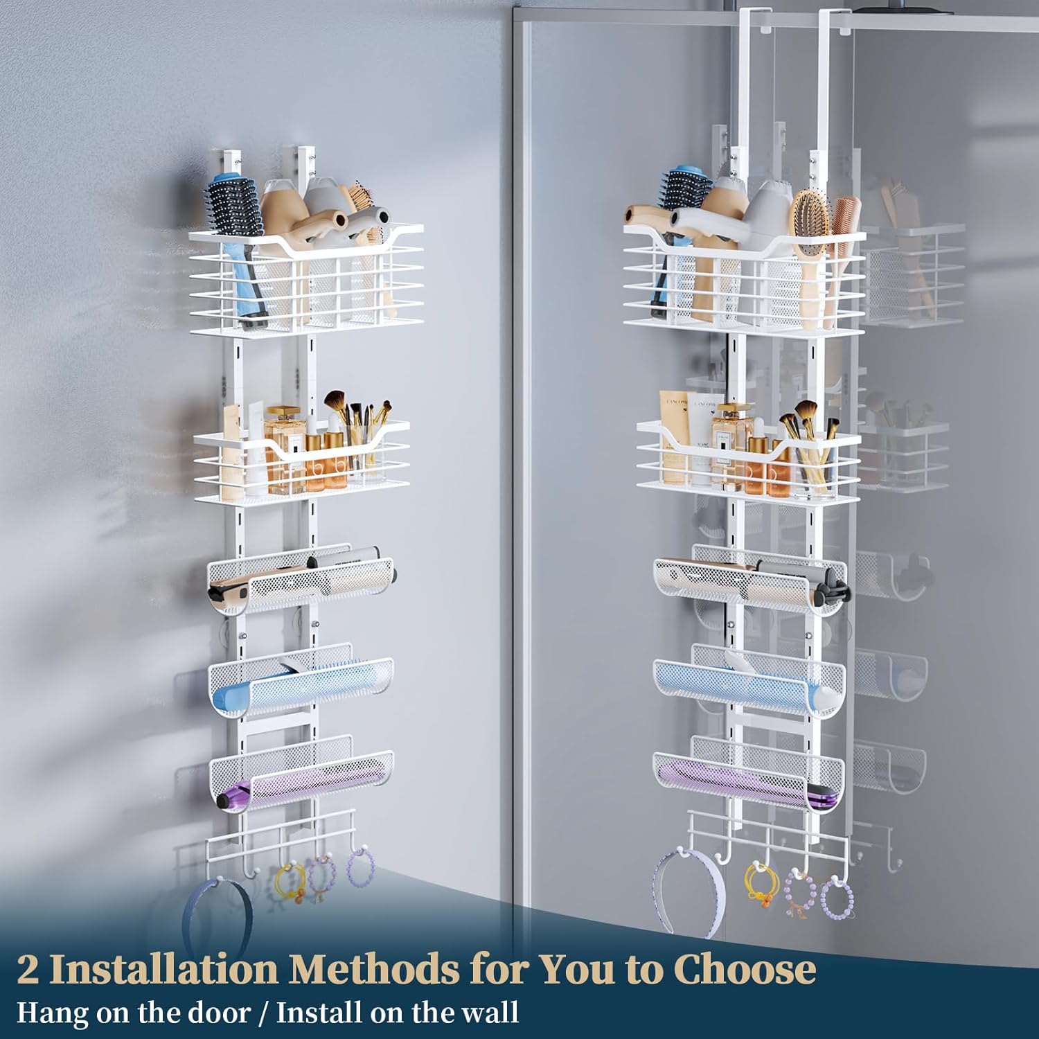 Consmest 6-Tier White Hair Tool Organizer with Hooks for Blow Dryer and Curling Iron - Image 8