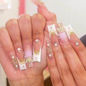 BABALAL Long Square Press on Nails White Fake Nails French Tip Glue ons Nails Luxury Gold Clover and Cross Charm Design Acrylic Nails 24Pcs Squoval