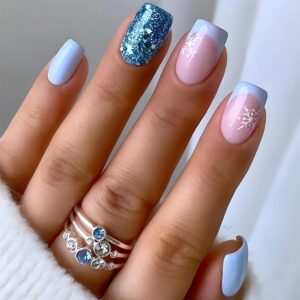 White Snowflake Fake Nails Winter Xmas Press on Nails Blue French Tip Acrylic Nails Medium Square Christmas Glue on Nails Reusable Stick on Nails for Women