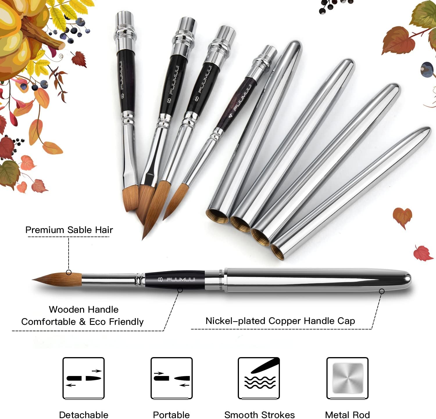 Fuumuui 4 Piece Kolinsky Sable Travel Watercolor Brush Set with Leather Pouch - Image 6